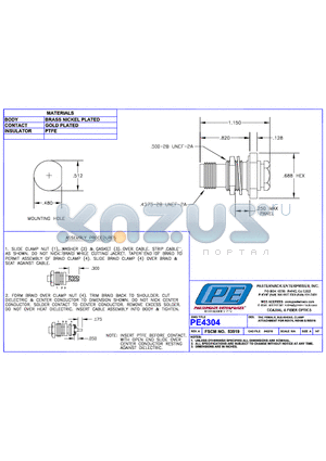 PE4304 datasheet - TNC MALE BULKHEAD CLAMP ATTACHMENT FOR RG174 RG188 & RG316