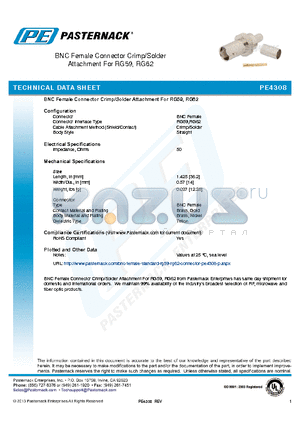 PE4308 datasheet - BNC Female Connector Crimp/Solder Attachment For RG59, RG62