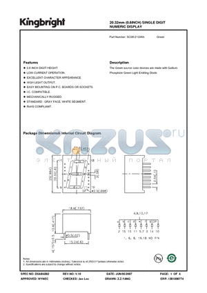 SC08-21GWA datasheet - 20.32mm (0.8INCH) SINGLE DIGIT NUMERIC DISPLAY