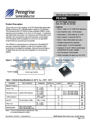 PE4309 datasheet - 50 OHM RF Digital Attenuator 6-bit, 31.5 dB, DC-4.0 GHz