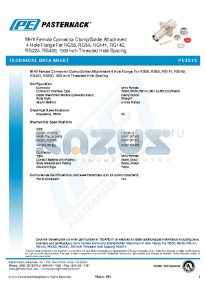 PE4313 datasheet - MHV Female Connector Clamp/Solder Attachment 4 Hole Flange For RG55, RG58, RG141, RG142 RG223, RG400, .500 inch Threaded Hole Spacing