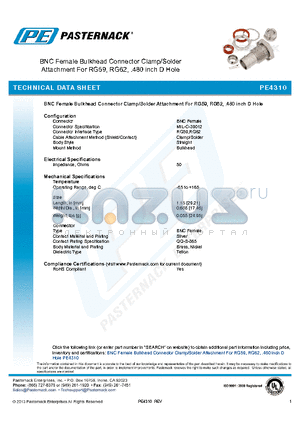 PE4310 datasheet - BNC Female Bulkhead Connector Clamp/Solder Attachment For RG59, RG62, .480 inch D Hole