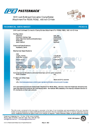 PE4315 datasheet - SHV Jack Bulkhead Connector Clamp/Solder Attachment For RG59, RG62, .480 inch D Hole