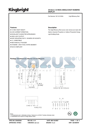 SC10-21EWA datasheet - 25.4mm (1.0 INCH) SINGLE DIGIT NUMERIC DISPLAY