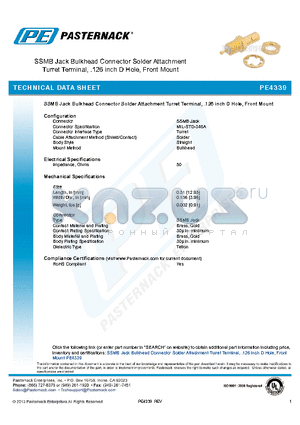 PE4339 datasheet - SSMB Jack Bulkhead Connector Solder Attachment Turret Terminal, .126 inch D Hole, Front Mount