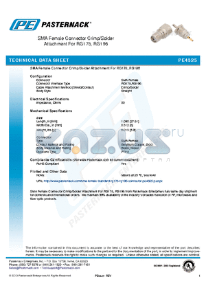 PE4325 datasheet - SMA Female Connector Crimp/Solder Attachment For RG178, RG196
