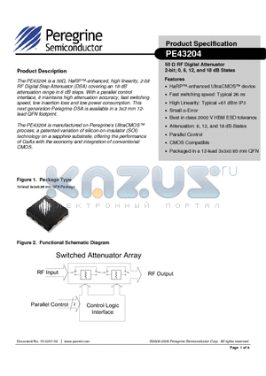 PE43204 datasheet - RF Digital Attenuator 2-bit; 0,6,12, and 18 dB States