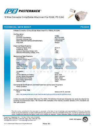 PE4344 datasheet - N Male Connector Crimp/Solder Attachment For RG8X, PE-C240