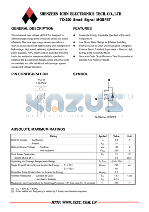 P03N60 datasheet - P03N60 TO-220 Small Signal MOSFET