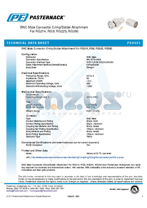 PE4351 datasheet - BNC Male Connector Crimp/Solder Attachment For RG214, RG9, RG225, RG393