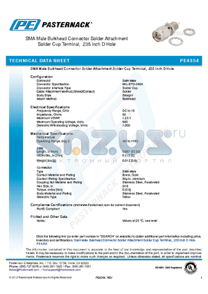 PE4354 datasheet - SMA Male Bulkhead Connector Solder Attachment Solder Cup Terminal, .235 inch D Hole