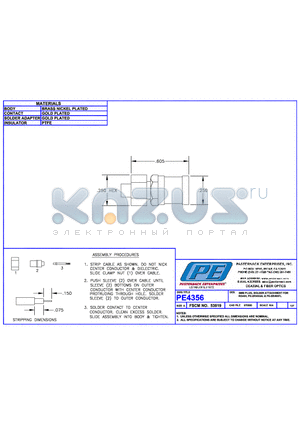 PE4356 datasheet - SMB PLUG SOLDER ATTACHMENT FOR RG405 PE-SR405AL & PE-SR405FL