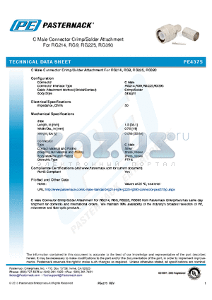 PE4375 datasheet - C Male Connector Crimp/Solder Attachment For RG214, RG9, RG225, RG393