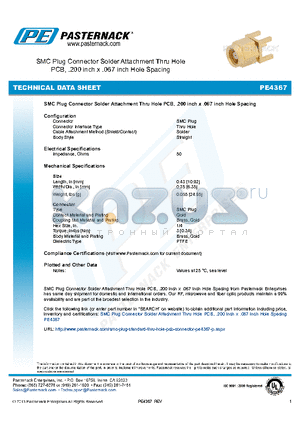 PE4367 datasheet - SMC PLUG CONNECTOR CLAMP/SOLDER ATTACHMENT THRU HOLE PCB, .200 inch x .067 inch Hole Spacing