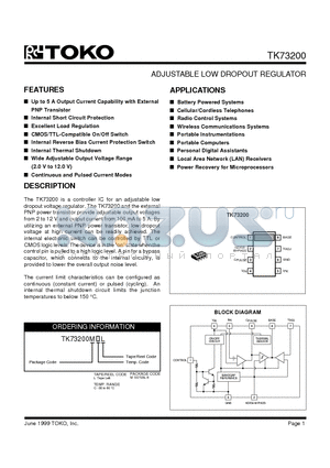 TK73200 datasheet - ADJUSTABLE LOW DROPOUT REGULATOR