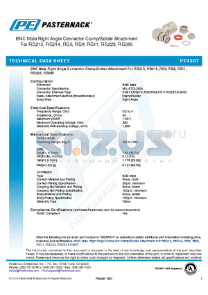 PE4387 datasheet - BNC Male Right Angle Connector Clamp/Solder Attachment For RG213,RG214 RG8,RG9,RG11,RG225,RG393