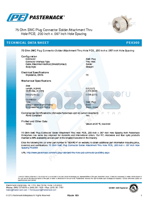 PE4369 datasheet - 75 Ohm SMC Plug Connector Solder Attachment Thru Hole PCB, .200 inch x .067 inch Hole Spacing