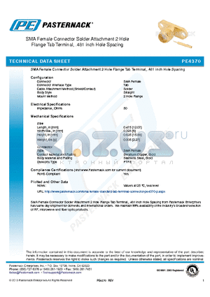 PE4370 datasheet - SMA Female Connector Solder Attachment 2 Hole Flange Tab Terminal, .481 inch Hole Spacing