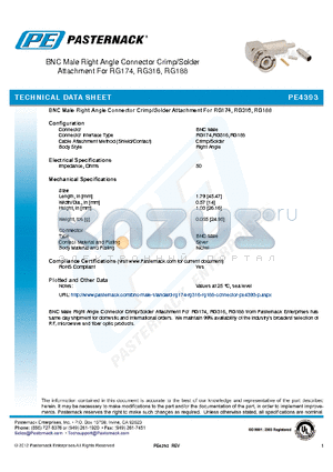 PE4393 datasheet - BNC Male Right Angle Connector Crimp/Solder Attachment For RG174, RG316, RG188