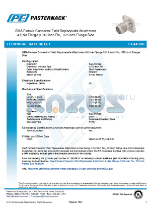 PE44000 datasheet - SMA Female Connector Field Replaceable Attachment 4 Hole Flange 0.012 inch Pin, .375 inch Flange Size