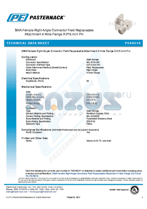 PE44016 datasheet - SMA Female Right Angle Connector Field Replaceable Attachment 4 Hole Flange 0.015 inch Pin