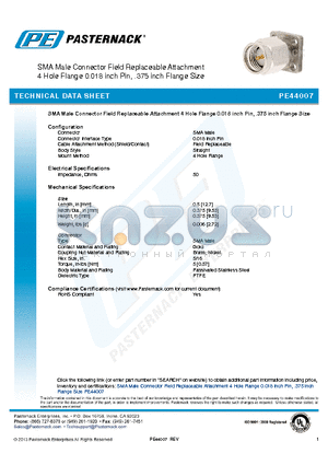 PE44007 datasheet - SMA Male Connector Field Replaceable Attachment 4 Hole Flange 0.018 inch Pin, .375 inch Flange Size