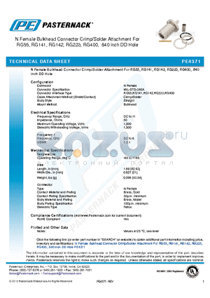 PE4371 datasheet - N Female Bulkhead Connector Crimp/Solder Attachment For RG55, RG141, RG142, RG223, RG400, .640 inch DD Hole