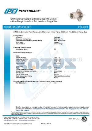 PE44022 datasheet - SMA Male Connector Field Replaceable Attachment 4 Hole Flange 0.036 inch Pin, .500 inch Flange Size