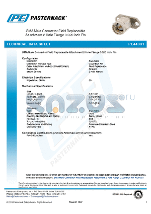 PE44031 datasheet - SMA Male Connector Field Replaceable Attachment 2 Hole Flange 0.020 inch Pin