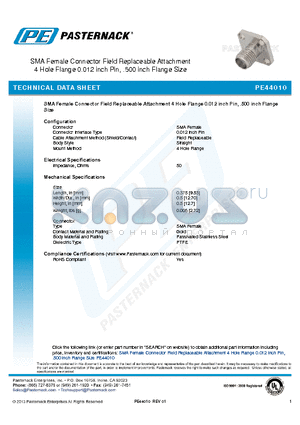 PE44010 datasheet - SMA Female Connector Field Replaceable Attachment 4 Hole Flange 0.012 inch Pin, .500 inch Flange Size