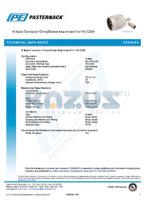 PE44044 datasheet - N Male Connector Crimp/Solder Attachment For PE-C200