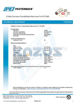 PE44046 datasheet - N Male Connector Clamp/Solder Attachment For PE-C500