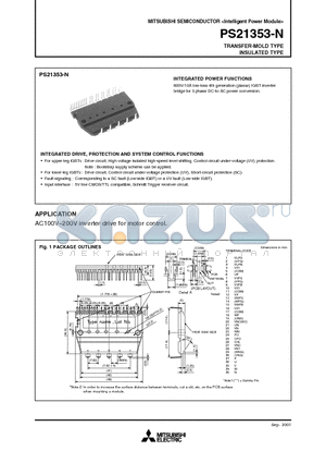 PS21353-N datasheet - 600V/10A low-loss 4th generation (planar) IGBT inverter bridge for 3 phase DC-to-AC power conversion.