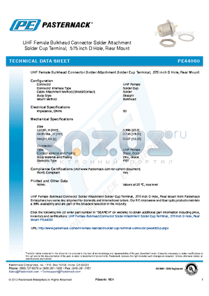 PE44060 datasheet - UHF Female Bulkhead Connector Solder Attachment Solder Cup Terminal, .575 inch D Hole, Rear Mount