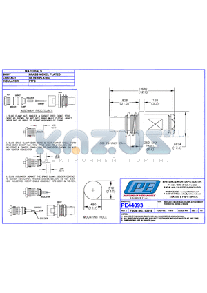 PE44093 datasheet - SHV JACK BULKHEAD CLAMP ATTACHMENT FOR RG174 RG188 RG316