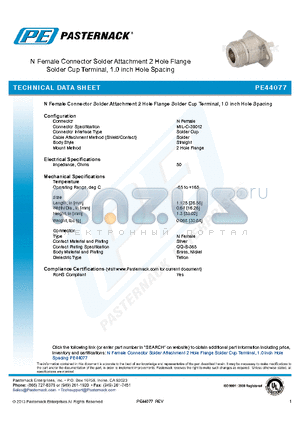 PE44077 datasheet - N Female Connector Solder Attachment 2 Hole Flange Solder Cup Terminal, 1.0 inch Hole Spacing