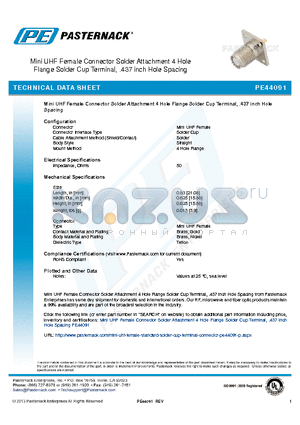 PE44091 datasheet - Mini UHF Female Connector Solder Attachment 4 Hole Flange Solder Cup Terminal, .437 inch Hole Spacing