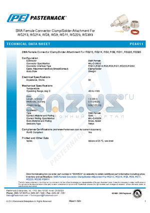 PE4411 datasheet - SMA Female Connector Clamp/Solder Attachment For RG213, RG214, RG8, RG9, RG11, RG225, RG393