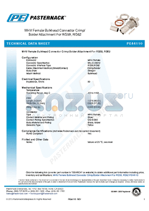 PE44110 datasheet - MHV Female Bulkhead Connector Crimp/Solder Attachment For RG59, RG62