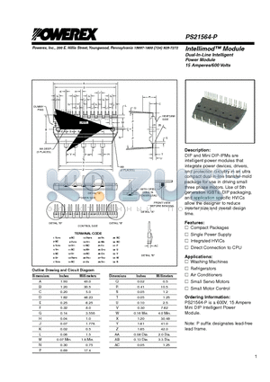 PS21564-P datasheet - Intellimod Module Dual-In-Line Intelligent Power Module 15 Amperes/600 Volts