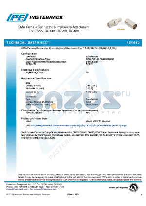 PE4412 datasheet - SMA Female Connector Crimp/solder Attachment For RG55,RG142,RG223,RG400