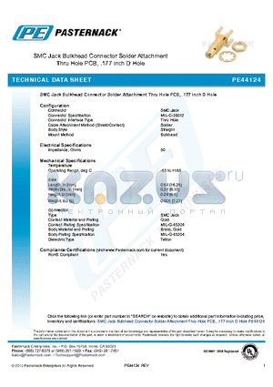 PE44124 datasheet - SMC Jack Bulkhead Connector Solder Attachment Thru Hole PCB, .177 inch D Hole