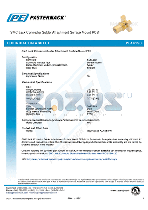 PE44120 datasheet - SMC Jack Connector Solder Attachment Surface Mount PCB