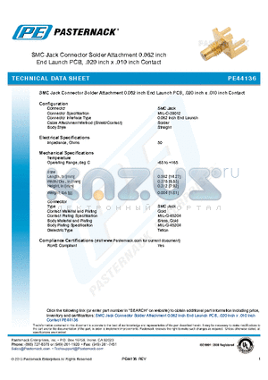 PE44136 datasheet - SMC Jack Connector Solder Attachment 0.062 inch End Launch PCB, .020 inch x .010 inch Contact