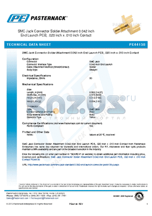 PE44138 datasheet - SMC Jack Connector Solder Attachment 0.042 inch End Launch PCB, .020 inch x .010 inch Contact