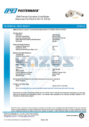 PE4414 datasheet - SMA Female Connector Crimp/Solder Attachment For RG316, RG174, RG188