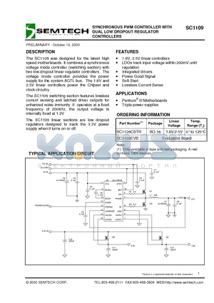 SC1109EVB datasheet - SYNCHRONOUS PWM CONTROLLER WITH DUAL LOW DROPOUT REGULATOR CONTROLLERS