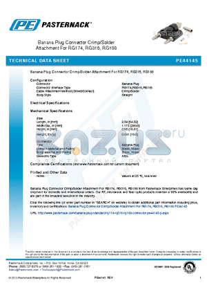 PE44145 datasheet - Banana Plug Connector Crimp/Solder Attachment For RG174, RG316, RG188