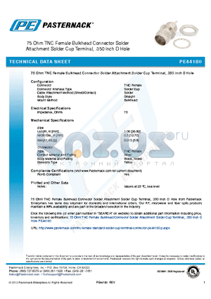 PE44180 datasheet - 75 Ohm TNC Female Bulkhead Connector Solder Attachment Solder Cup Terminal, .410 inch D Hole