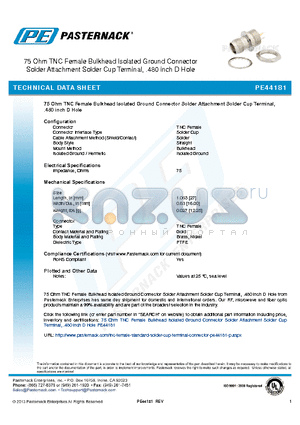 PE44181 datasheet - 75 Ohm TNC Female Bulkhead Isolated Ground Connector Solder Attachment Solder Cup Terminal, .480 inch D Hole